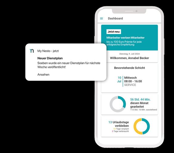 Mobile Ansicht der Personalplanung App My Nesto zur Verwaltung von Abwesenheiten mit Anzeige verbleibender Urlaubstage