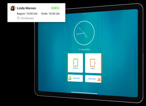 Übersicht der Mitarbeiterplanung auf einem Tablet mit aktuellen und kommenden Schichten sowie Arbeitszeitdetails und Arbeitszeiterfassung